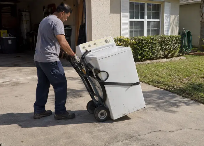 Person moving a washing machine with a hand truck