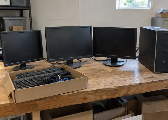 Computer monitors, a desktop tower, keyboards and cables on a workbench