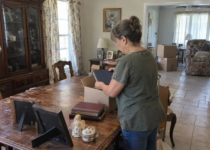 Person sorting keepsakes at a dining table