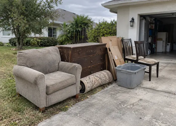 Armchair, dresser, rolled rug and chairs beside an open garage