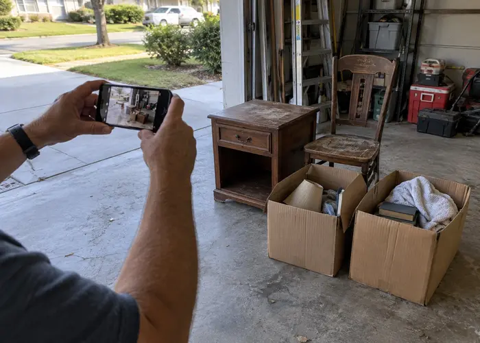 Person photographing furniture and boxes beside a garage